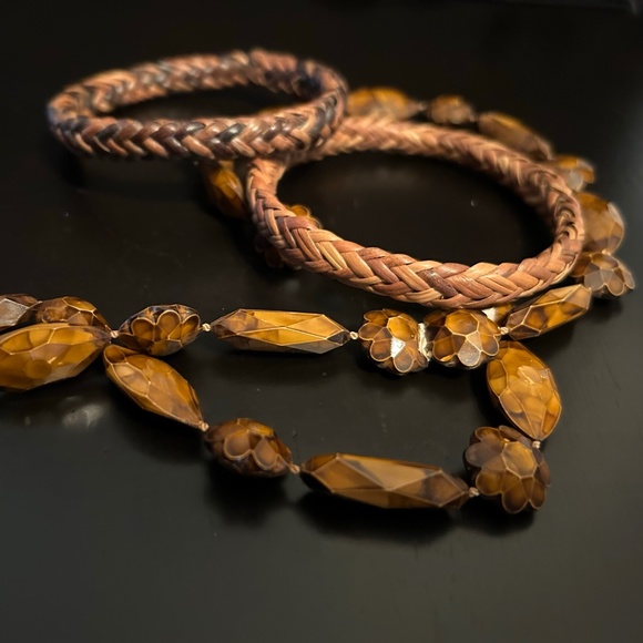 Vintage Lot Tortoise Beaded Celluloid Necklace & 2 Basket Weave Bangle Bracelets - Picture 4 of 11